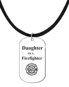 Daughter Of A Firefighter Dog Tag On A Adjustable Genuine Black Suede Necklace. 18-21 Inches. What A Great Gift For Yourself, Or Somebody Special.