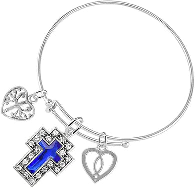 Christian, 3 Charm Adjustable Bracelet Crystal Blue Stone Hypoallergenic, Safe-Nickel, Lead, Free
