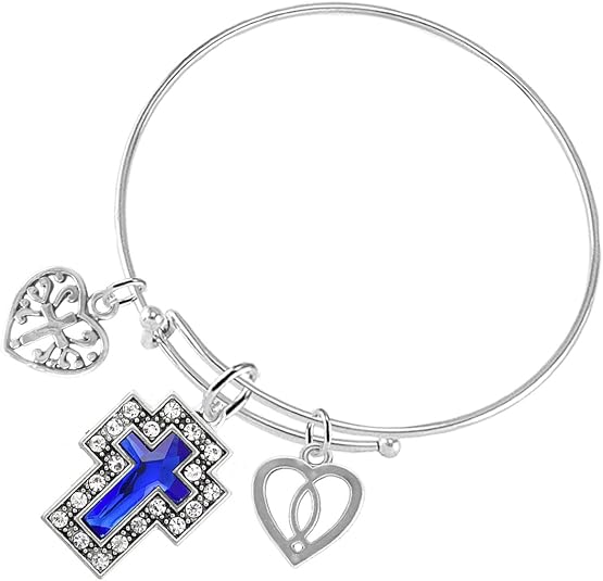 Christian, 3 Charm Adjustable Bracelet Crystal Blue Stone Hypoallergenic, Safe-Nickel, Lead, Free