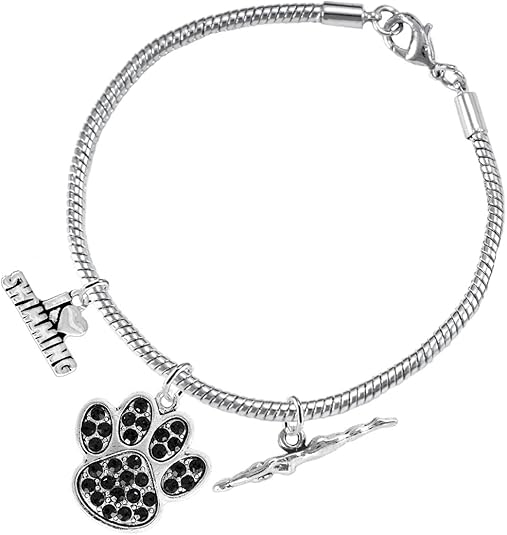 Swimming 3 Charm Black Crystal Paw Bracelet Hypoallergenic, Safe-Nickel, Lead & Cadmium Free!