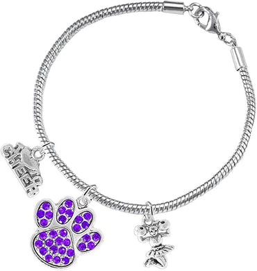 Purple Paw Crystal Cheer 3 Charm Bracelet Safe-Hypoallergenic, Nickel, Lead and Cadmium Free