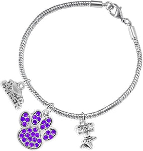 Purple Paw Crystal Cheer 3 Charm Bracelet Safe-Hypoallergenic, Nickel, Lead and Cadmium Free