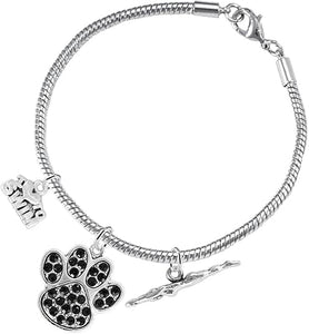 Swimming 3 Charm Black Crystal Paw Bracelet Hypoallergenic, Safe-Nickel, Lead & Cadmium Free!