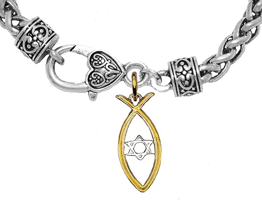 Messianic Christian Fish In 14KT Goldtone, Silvertone Star Of David Wheat Chain Bracelet. If you do not believe that this jewelry is beautiful when you receive it, simply return it for a full refund., Large, Silver, Carnelian