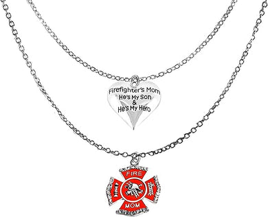 Firefighter's Mom He's My Son And He's My Hero Heart, Firefighter's Mom Maltese Cross On A Adjustable Double Chain necklace, Hypoallergenic-Safe, No Nickel, Lead, Or Cadmium In The Metal.©2023