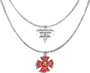 Firefighter's Mom He's My Son And He's My Hero Heart, Firefighter's Mom Maltese Cross On A Adjustable Double Chain necklace, Hypoallergenic-Safe, No Nickel, Lead, Or Cadmium In The Metal.©2023