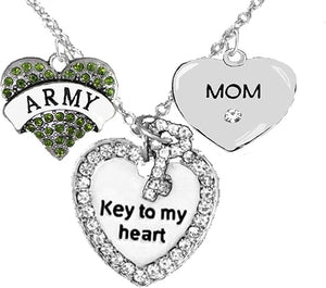 Army Mom Genuine Crystal Key to My Heart & Mom Heart, Adjustable Hypoallergenic, Safe-Nickel, Lead, Cadmium Free