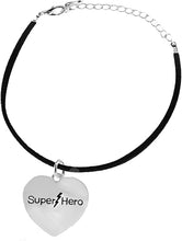 Super Hero Heart Charm On A Blace Suede Adjustable Bracelet, Hypoallergenic Safe- No Nickel. Lead, Or Poisonous Cadmium