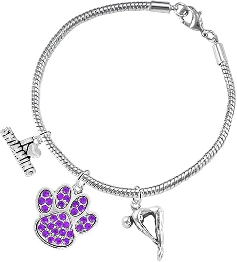 Swimming 3 Charm Purple Crystal Paw Bracelet Hypoallergenic, Safe-Nickel, Lead & Cadmium Free!