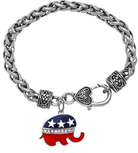 Republican Elephant, Set With Genuine Austrian Crystal, On A Adjustable Antique Wheat Chain Bracelet, What A Wonderful Gift For Yourself, Or A Friend, Or A Family Member, Or As A Donor Gift.