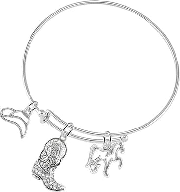 Glittering Cowgirl Boot 3 Charm Adjustable Western Bracelet, Hypoallergenic. Nickle, Lead Free