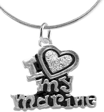 Marine I Love My Marine, Crystal Heart, Adjustable Necklace, Hypoallergenic, Safe-Nickel, Lead, Free