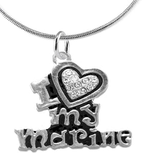 Marine I Love My Marine, Crystal Heart, Adjustable Necklace, Hypoallergenic, Safe-Nickel, Lead, Free