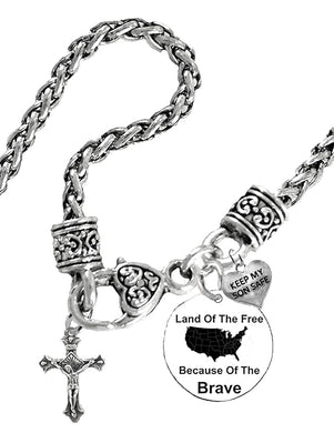 Catholic, Beautiful Crucifix, Keep My Son Safe, Land Of The Free, Because Of The Brave, On A Antique Wheat Chain Necklace. What A Wonderful Gift For Yourself, Or Someone Special. Hypoallergenic=Safe,