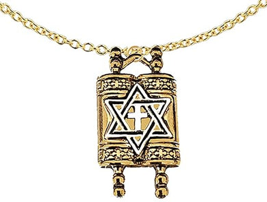 Messianic, Yeshua, Holy, Holy, Holy 14KT Antique Goldtone Torah (Bible) With A Silvertone Star of David And Cross On A Adjustable Goldtone Cable Chain Necklace.