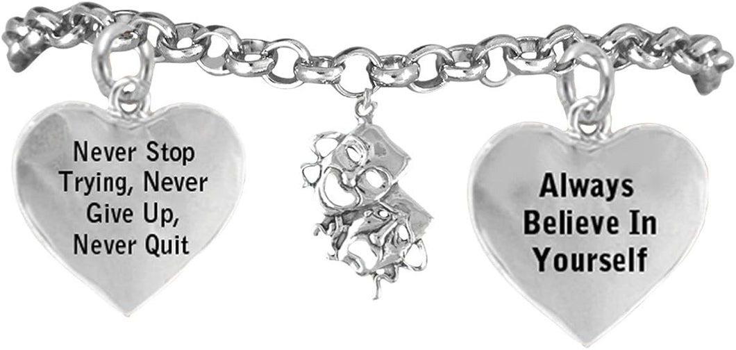 Theater Drama Masks, Never Give Up Hypoallergenic Adjustable Bracelet. Nickle and Lead Free