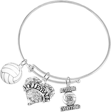 Attitude is Everything Volleyball Crystal Heart Adjustable Bracelet, Safe-Hypoallergenic, Nickel Free
