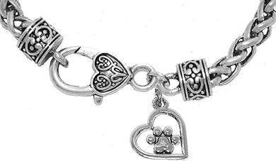 Paw In A Heart On A Silvertone Wheat Chain Bracelet.What A Wonderful Gift For Yourself, Or Someone Special. Hypoallergenic-Safe, No Nickel, Lead, Or Cadmium In The Metal. Cardinali®Jewelry ©2024