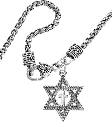 Messianic Christian Jewish Antique Silvertone Star Of David, Polished Cross, Adjustable 18 Inch Wheat Chain Necklace, Hypoallergenic-Safe, No Nickel, Lead, Cadmium In The Metal
