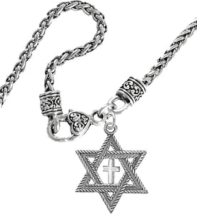 Messianic Christian Jewish Antique Silvertone Star Of David, Polished Cross, Adjustable 18 Inch Wheat Chain Necklace, Hypoallergenic-Safe, No Nickel, Lead, Cadmium In The Metal