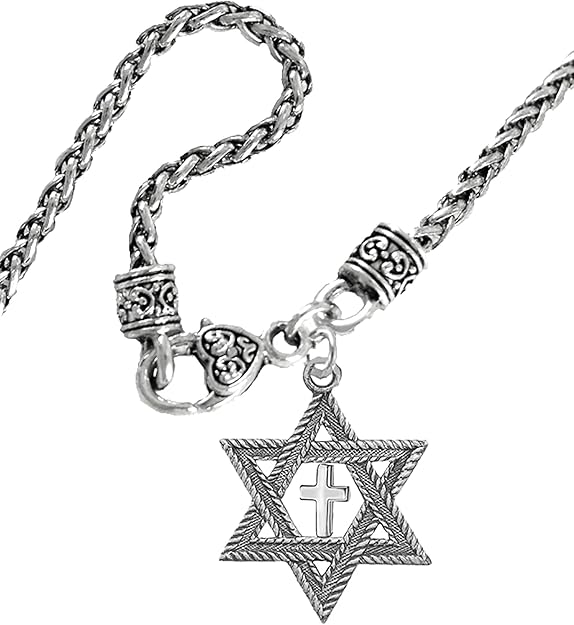 Messianic Christian Jewish Antique Silvertone Star Of David, Polished Cross, Adjustable 18 Inch Wheat Chain Necklace, Hypoallergenic-Safe, No Nickel, Lead, Cadmium In The Metal