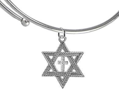 Messianic Christian Silver Star Of David With Silver Austrian Crystal Cross, On A Adjustable Miracle Wire Bracelet, Will fit Anyone. Hypoallergenic-Safe, No Nickel, Lead, Or Cadmium In The Metal ©2023, Large, Silver, Carnelian