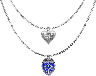 Police Mom, He's My Son, And He's My Hero Heart, Blue Police Badge,Adjustable Silvertone Double Chain Necklace, Hypoallergenic-Safe, No Nickel, Lead, Or Cadmium In The Metal ©2023
