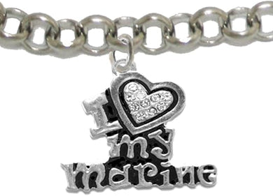 Marine I Love My Marine, Crystal Heart, Adjustable Bracelet, Hypoallergenic, Safe-Nickel, Lead, Free