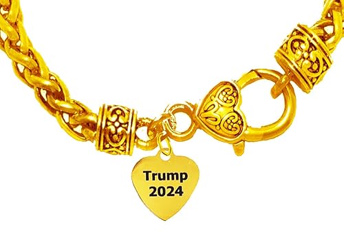 Trump 2024 Gold Heart On A Antique Wheat Chain Bracelet, What A Great Gift For Yourself, Or Someone Special, Or A Great Donor Gift. Hypoallergenic-Safe, No Nickel, Lead, Or Cadmium In The Metal.© 2024