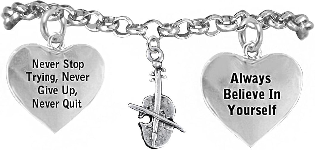 The Perfect Gift, Violin Never Give Up, Never Quit Hypoallergenic Adjustable Bracelet, Safe-Nickel, Lead Free