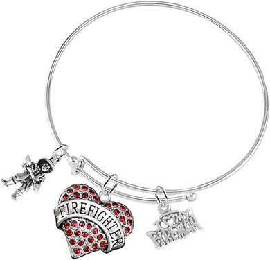 Firefighter's I Love My Firemen Crystal Red Heart Adjustable Bracelet, Safe-Nickel, Free!