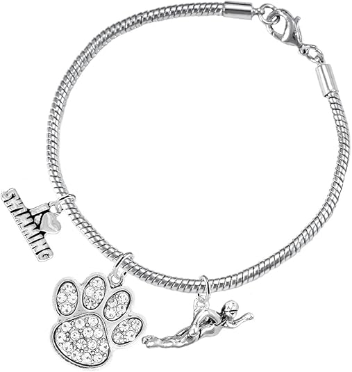 Swimming 3 Charm Clear Crystal Paw Bracelet Hypoallergenic, Safe-Nickel, Lead & Cadmium Free!