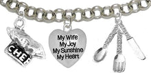 Cooking Jewelry, My Wife, My Joy, My Sunshine, My Heart, Chef Hat, Silverware, Adjustable Bracelet, Hypoallergenic, Safe-Nickel, Lead, Cadmium Free