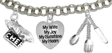 Cooking Jewelry, My Wife, My Joy, My Sunshine, My Heart, Chef Hat, Silverware, Adjustable Bracelet, Hypoallergenic, Safe-Nickel, Lead, Cadmium Free