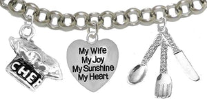 Cooking Jewelry, My Wife, My Joy, My Sunshine, My Heart, Chef Hat, Silverware, Adjustable Bracelet, Hypoallergenic, Safe-Nickel, Lead, Cadmium Free