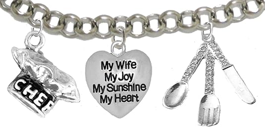 Cooking Jewelry, My Wife, My Joy, My Sunshine, My Heart, Chef Hat, Silverware, Adjustable Bracelet, Hypoallergenic, Safe-Nickel, Lead, Cadmium Free