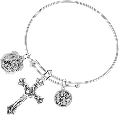 St Michael and St. Christopher Crucifix Christian, 3 Charm Adjustable Bracelet Hypoallergenic, Safe-Nickel, Lead, Free