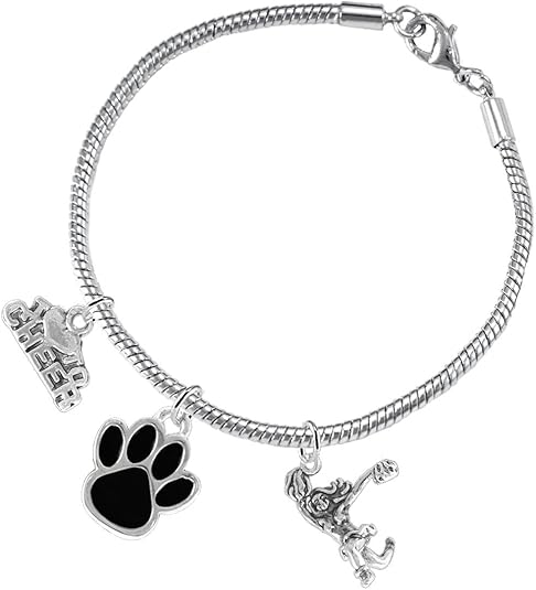 Black Paw Cheer 3 Charm Bracelet Safe-Hypoallergenic, Nickel, Lead and Cadmium Free