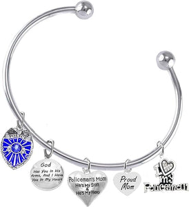 Policeman's Mom, God Has You In His Arms, And I Have You In My Heart, He's My Son, He's My Hero, Proud Mom, Adjustable Removable Ball Bracelet, Hypoallergenic, Safe-No Nickel or Lead