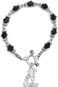 Navy, I Love My Sailor, Black Crystal Bracelet Hypoallergenic, Safe-Nickel, Lead, Cadmium Free