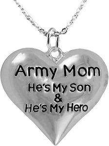 Army Mom, He Is My Son And He's My Hero, STERLING SILVER Solid .925 Sterling, Not Plated Or Coated. 18 Inch Necklace Chain, Nickel, Lead, Cadmium Free