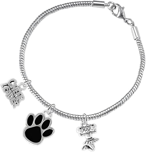 Black Paw Cheer 3 Charm Bracelet Safe-Hypoallergenic, Nickel, Lead and Cadmium Free
