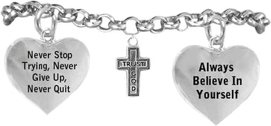 CardinaliJewelry Trust God Cross Bracelet Never Give Up. Never Stop Trying, Adjustable Hypoallergenic, Nicke Free