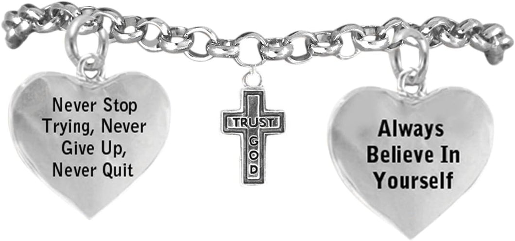 CardinaliJewelry Trust God Cross Bracelet Never Give Up. Never Stop Trying, Adjustable Hypoallergenic, Nicke Free