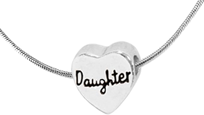 Daughter Heart, European Designed Charm With Adjustable Snake Chain Necklace, Sterling Silver Finish With Overcoat Protection™, Nickel, Lead, Cadmium Free