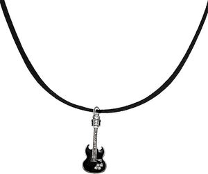 Black Guitar On Black Suede Adjustable Necklace, Hypoallergenic Safe-Nickel, Lead And Cadmium Free