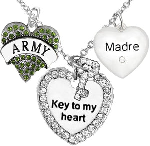 Army Madre, Genuine Crystal Key to My Heart & Crystal Madre Heart, Adjustable Hypoallergenic, Safe-Nickel, Lead, Cadmium Free