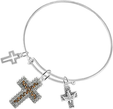 Christian Crystal Topaz Stone, 3 Charm Adjustable Bracelet Hypoallergenic, Safe-Nickel, Lead, Free