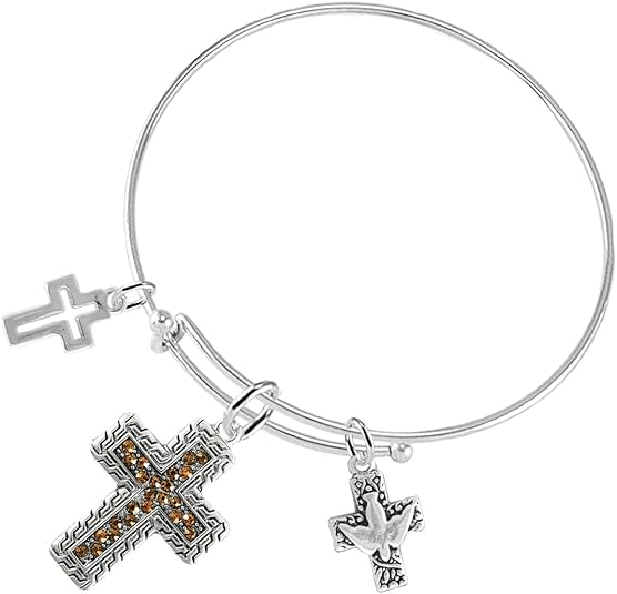 Christian Crystal Topaz Stone, 3 Charm Adjustable Bracelet Hypoallergenic, Safe-Nickel, Lead, Free