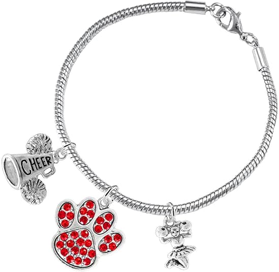 Red Paw Crystal Cheer 3 Charm Bracelet Safe-Hypoallergenic, Nickel, Lead and Cadmium Free